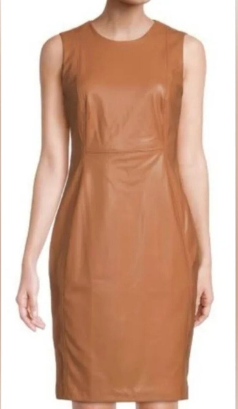 CALVIN KLEIN Faux Leather Sleeveless Midi Sheath Dress 8 Caramel Tan Camel